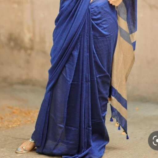 Blue Khadi Cotton Plain Reception Party Casual Classic Style Sarees
