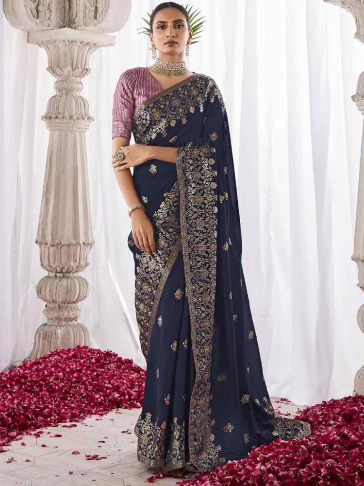 Blue Kora Silk Handwoven Wedding Festival Heavy Border Saree