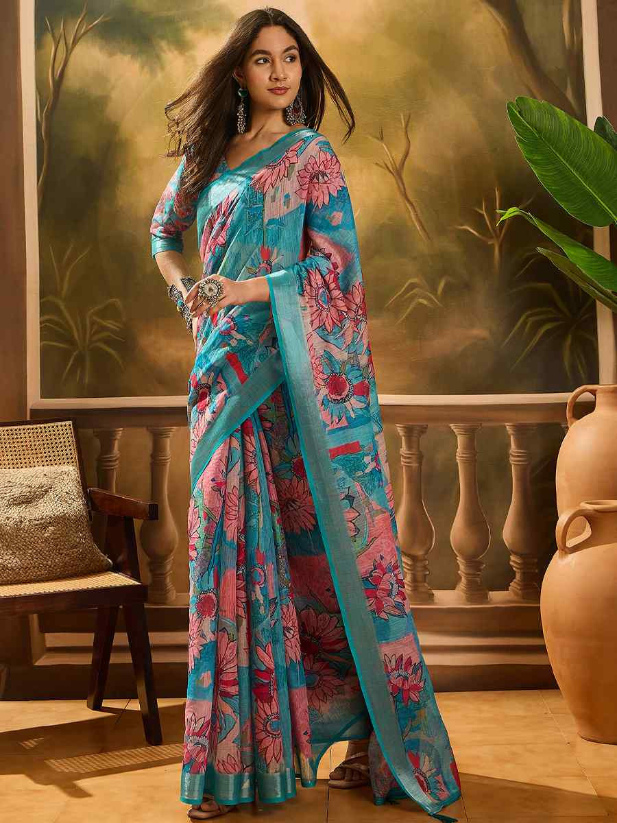 Blue Linen Cotton Blend Handwoven Printed Casual Reception Festival Wedding Fancy Heavy Border Saree