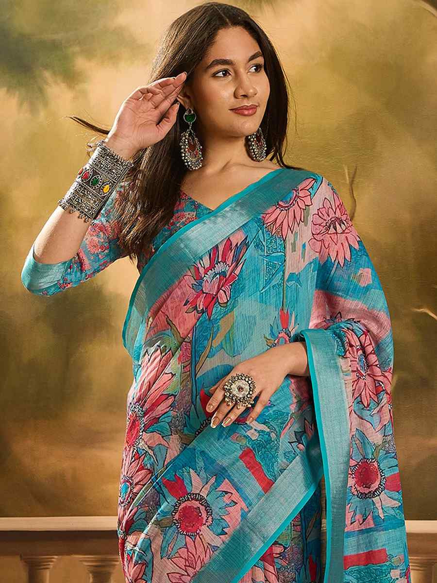 Blue Linen Cotton Blend Handwoven Printed Casual Reception Festival Wedding Fancy Heavy Border Saree