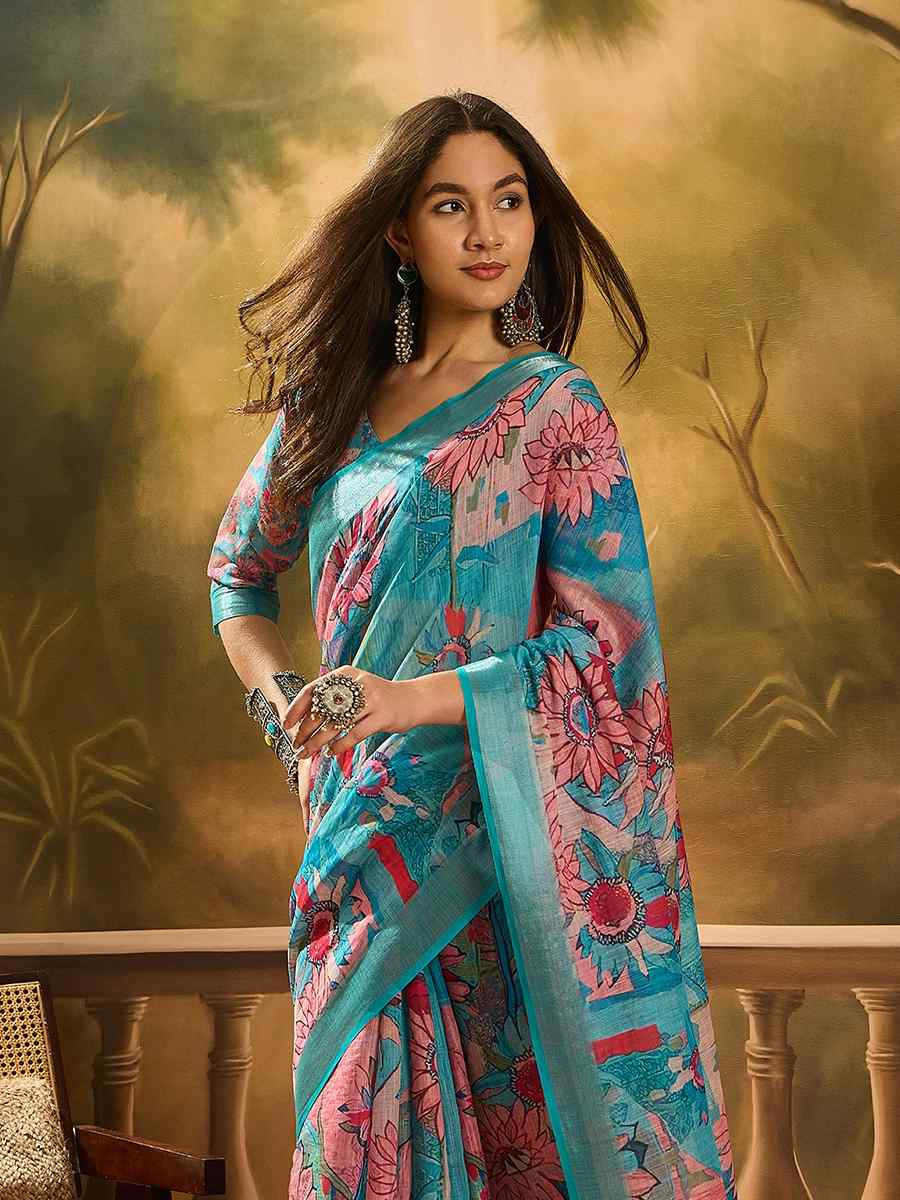 Blue Linen Cotton Blend Handwoven Printed Casual Reception Festival Wedding Fancy Heavy Border Saree