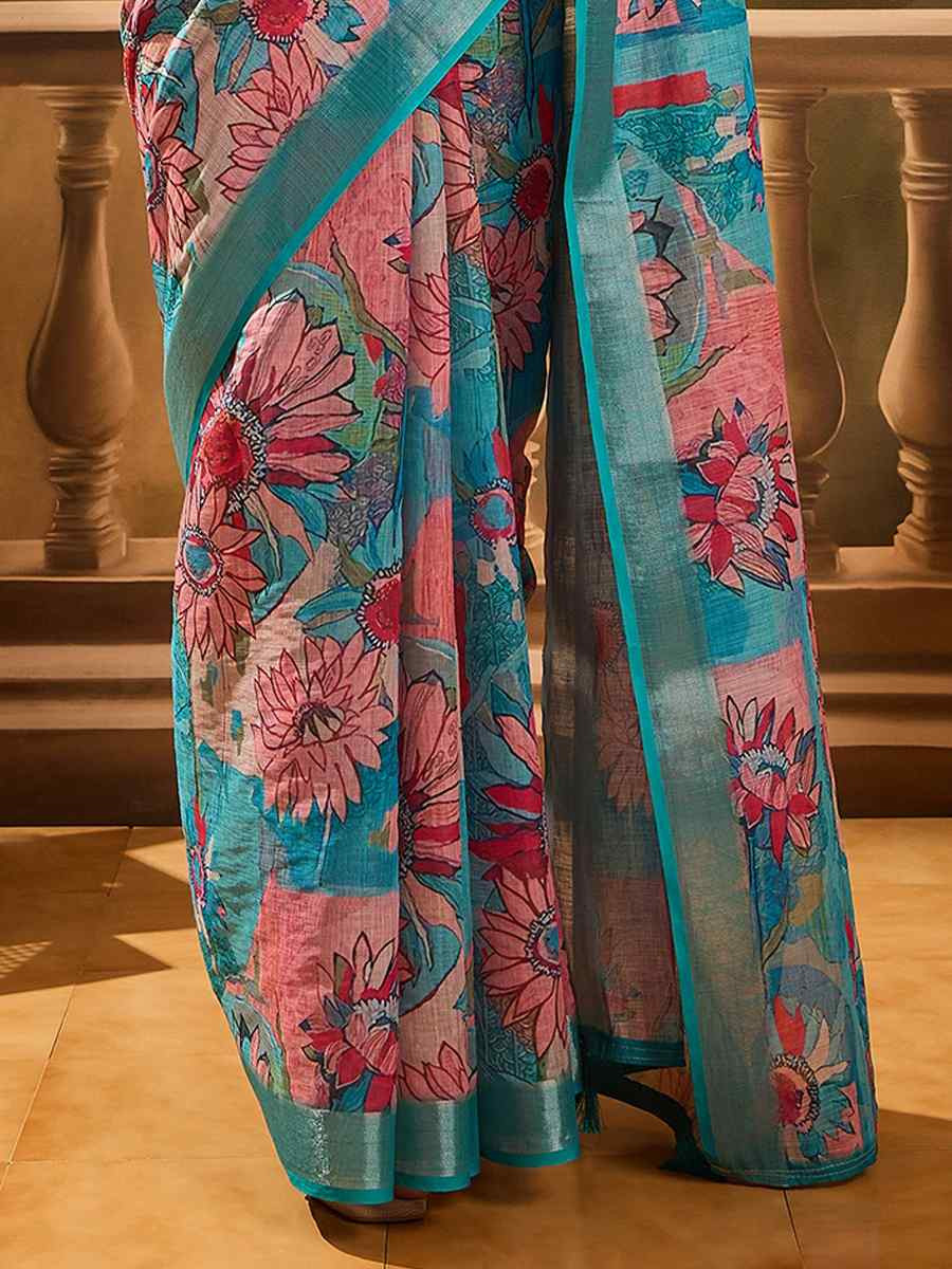 Blue Linen Cotton Blend Handwoven Printed Casual Reception Festival Wedding Fancy Heavy Border Saree