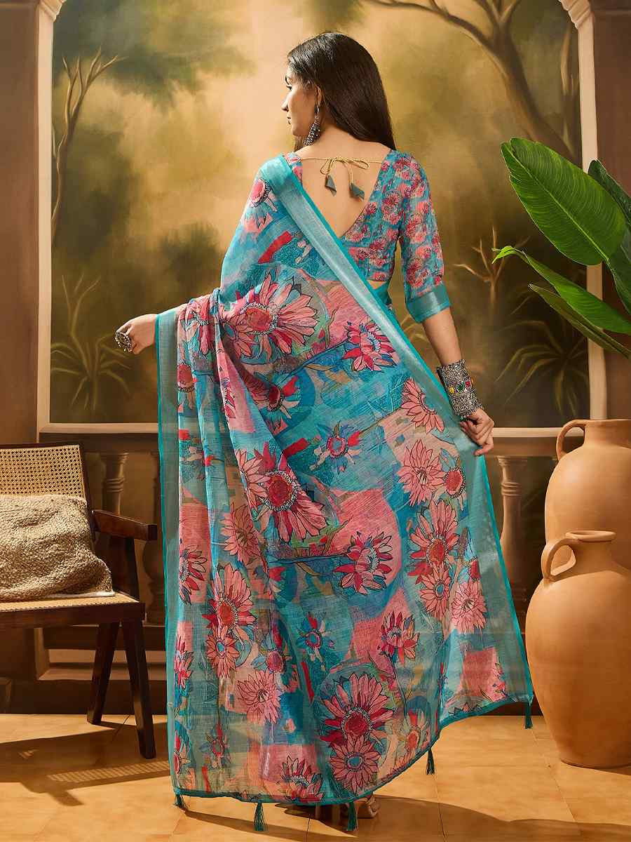 Blue Linen Cotton Blend Handwoven Printed Casual Reception Festival Wedding Fancy Heavy Border Saree