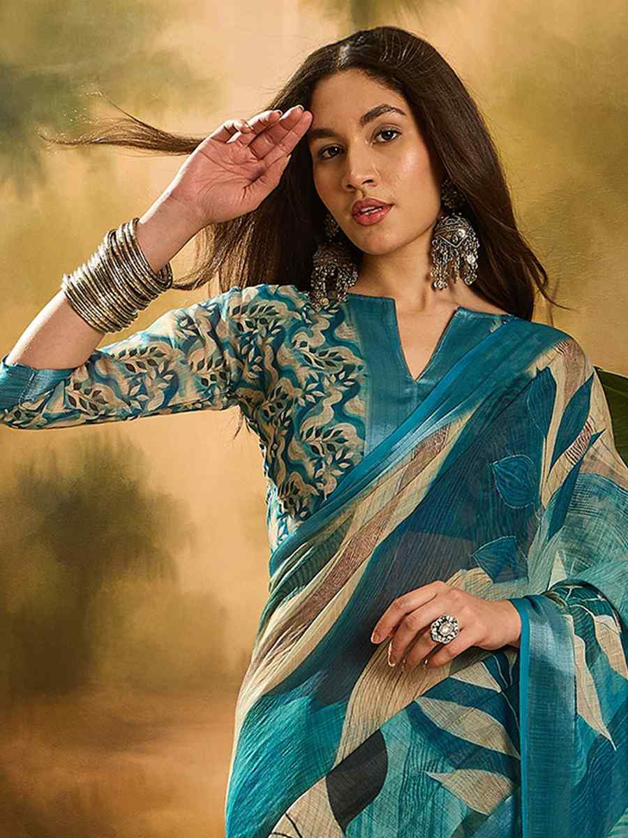 Blue Linen Cotton Blend Handwoven Printed Casual Reception Festival Wedding Fancy Heavy Border Saree