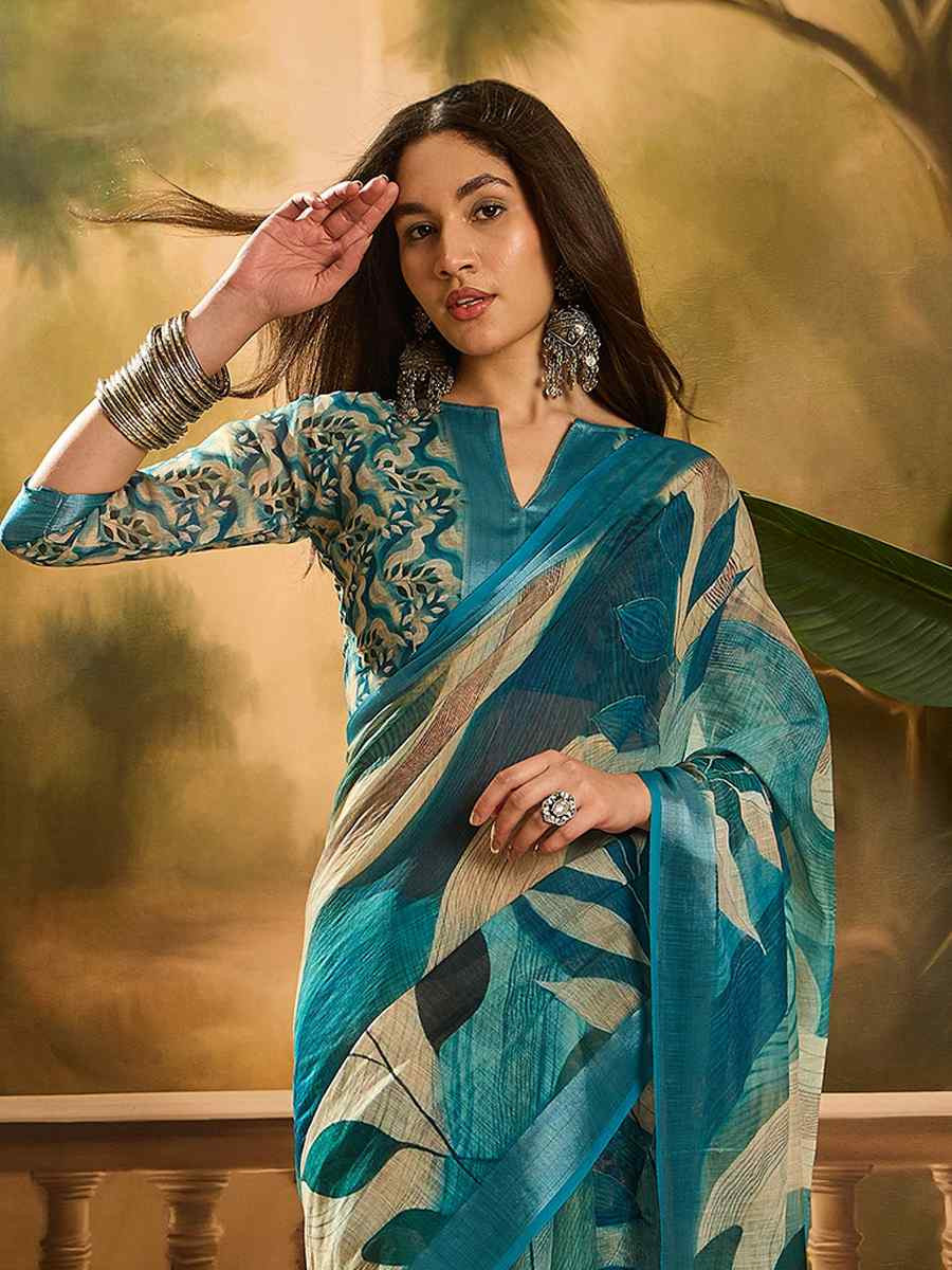 Blue Linen Cotton Blend Handwoven Printed Casual Reception Festival Wedding Fancy Heavy Border Saree