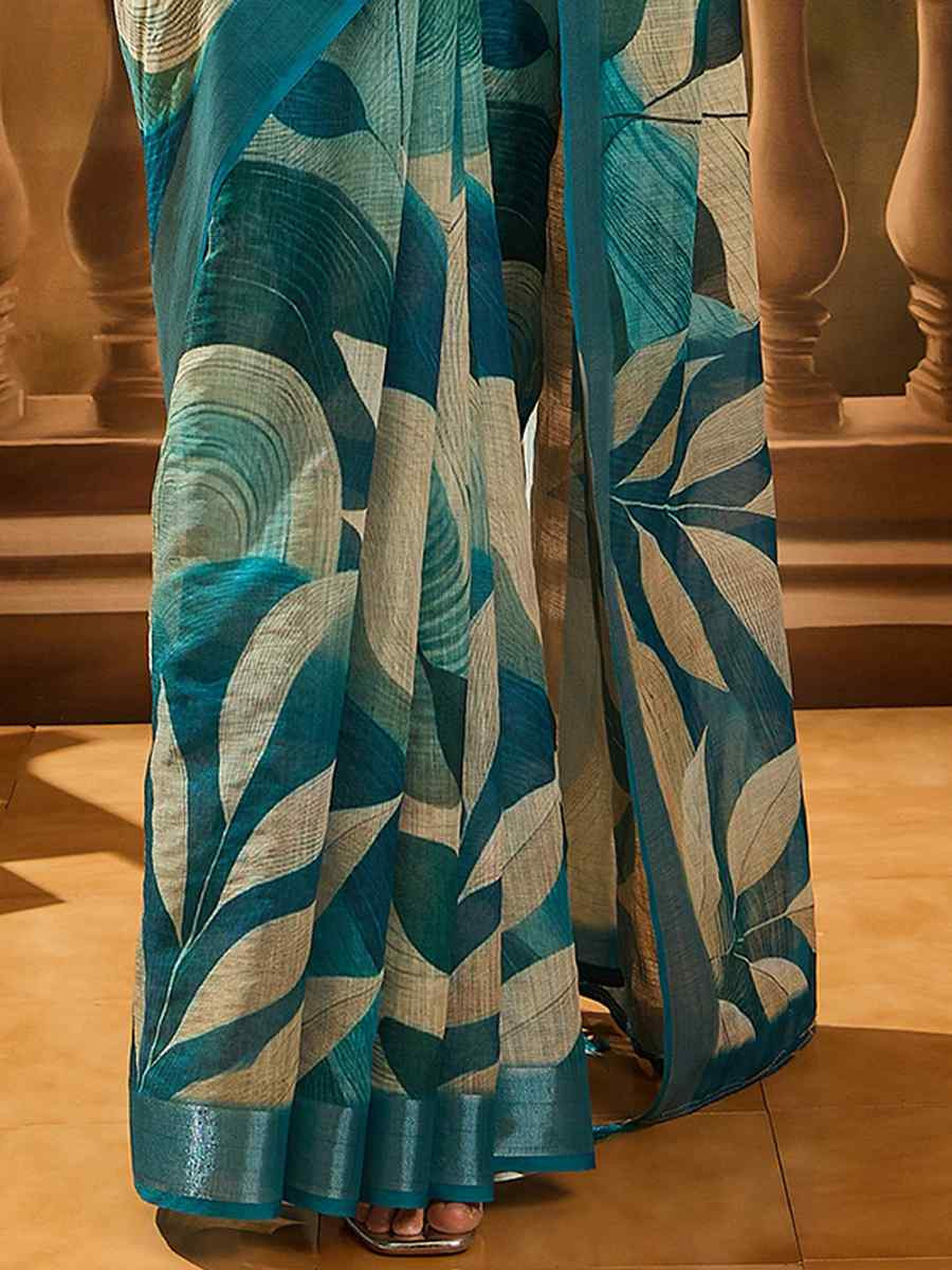 Blue Linen Cotton Blend Handwoven Printed Casual Reception Festival Wedding Fancy Heavy Border Saree