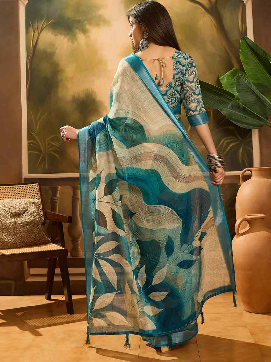 Blue Linen Cotton Blend Handwoven Printed Casual Reception Festival Wedding Fancy Heavy Border Saree