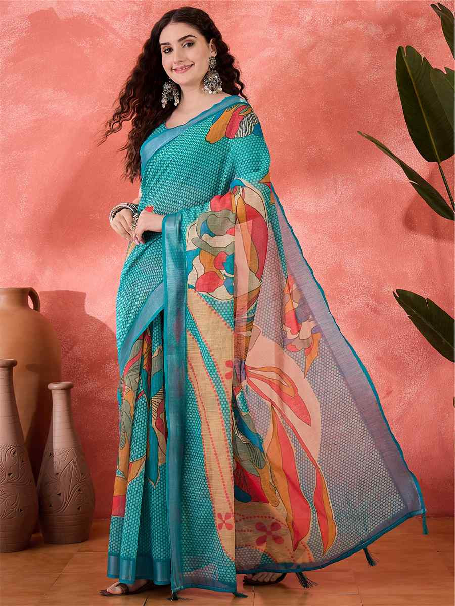 Blue Linen Cotton Blend Printed Casual Reception Festival Wedding Fancy Classic Style Sarees