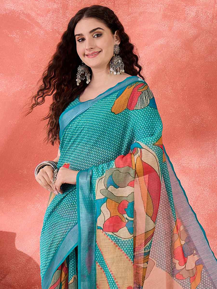 Blue Linen Cotton Blend Printed Casual Reception Festival Wedding Fancy Classic Style Sarees