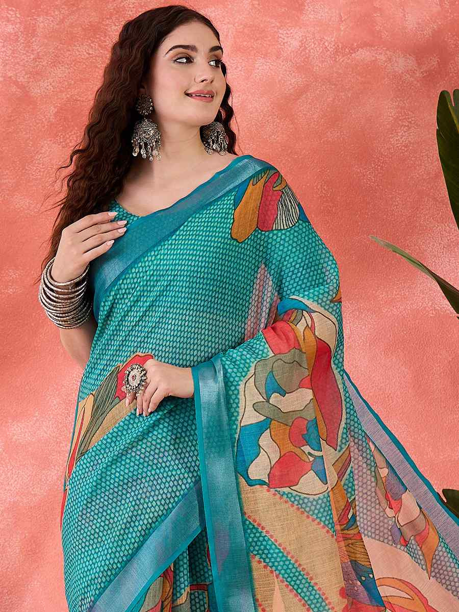Blue Linen Cotton Blend Printed Casual Reception Festival Wedding Fancy Classic Style Sarees