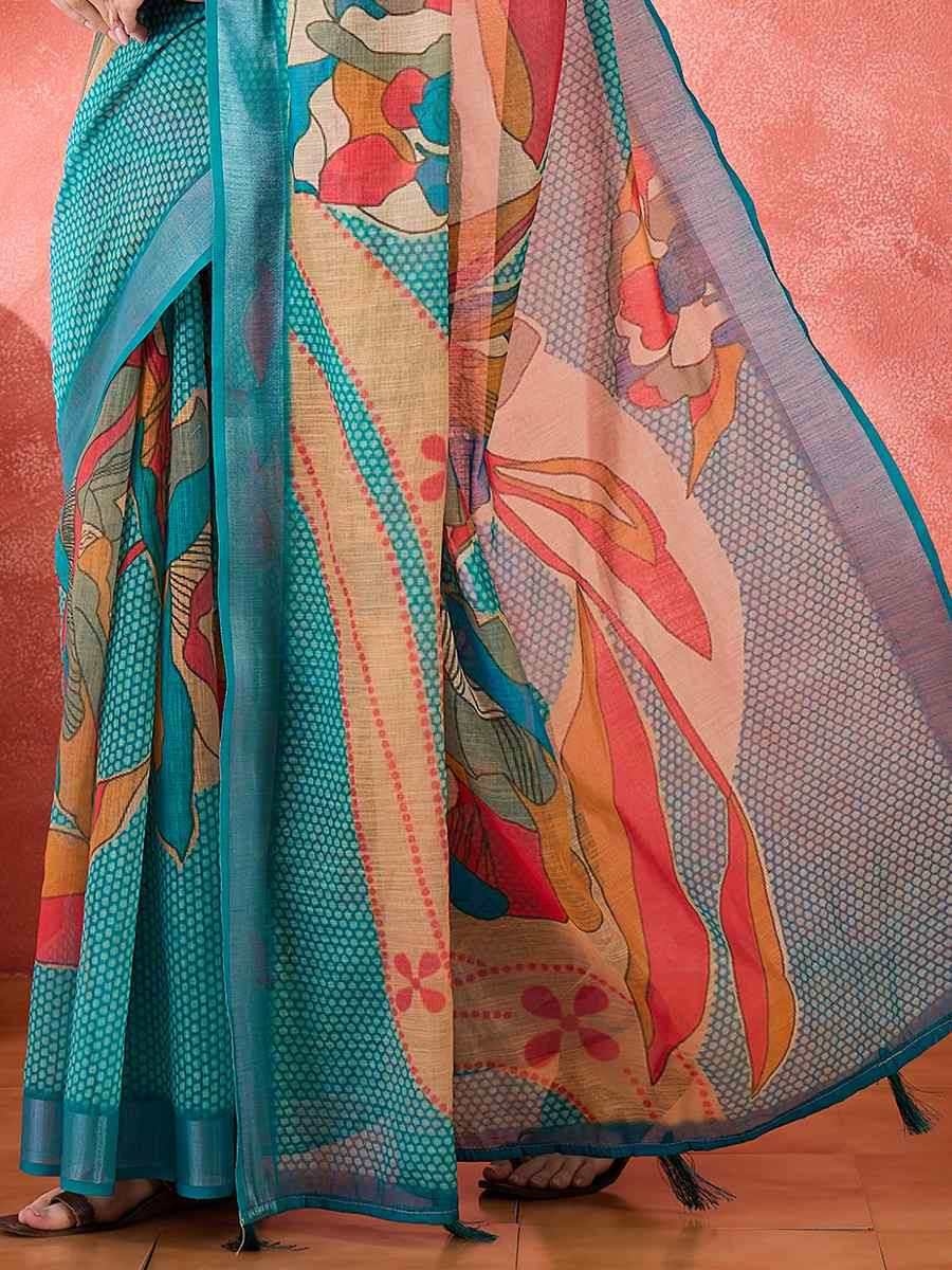 Blue Linen Cotton Blend Printed Casual Reception Festival Wedding Fancy Classic Style Sarees