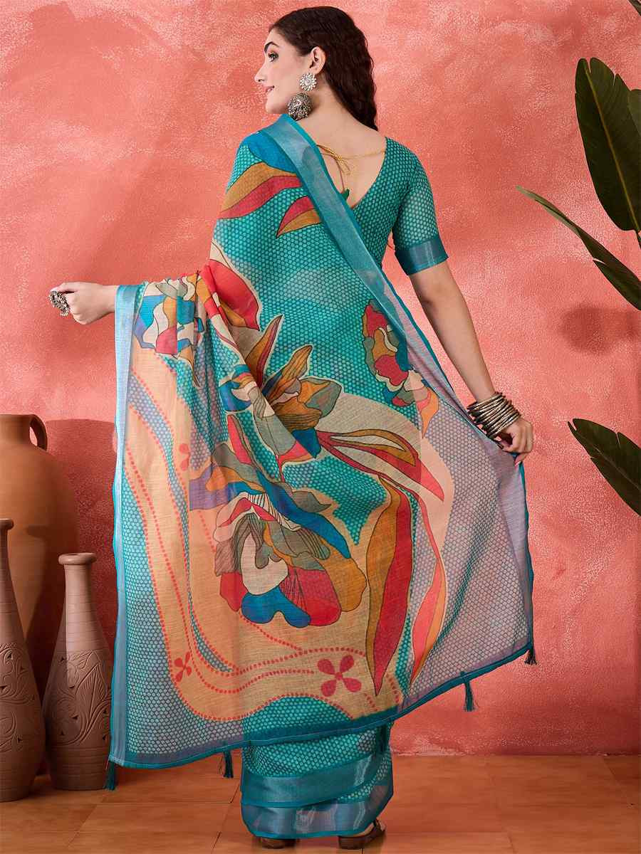 Blue Linen Cotton Blend Printed Casual Reception Festival Wedding Fancy Classic Style Sarees