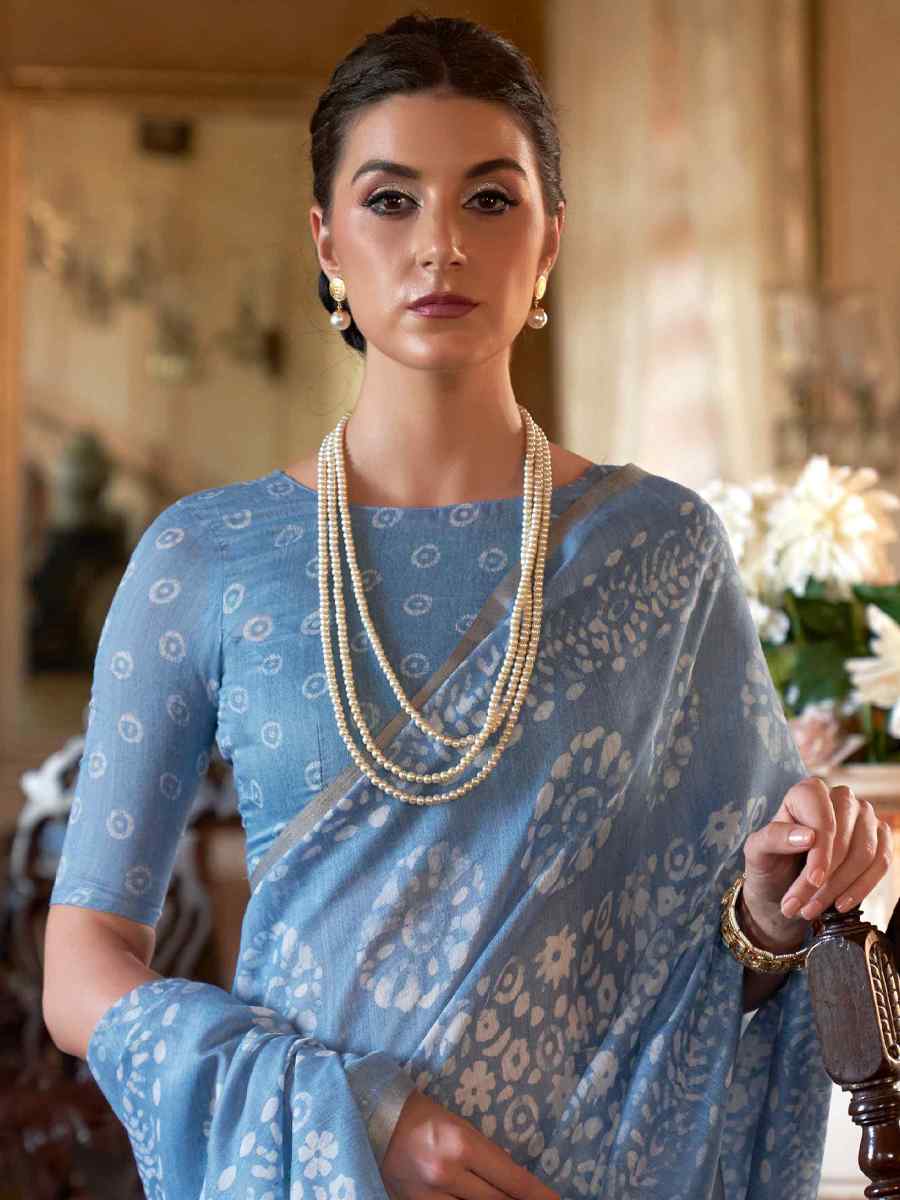 Blue Linen Cotton Printed Casual Festival Contemporary Saree