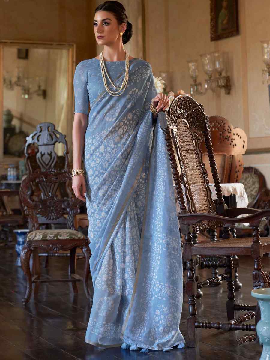 Blue Linen Cotton Printed Casual Festival Contemporary Saree