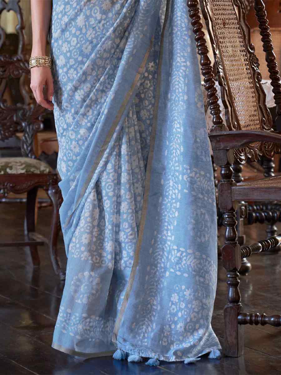 Blue Linen Cotton Printed Casual Festival Contemporary Saree