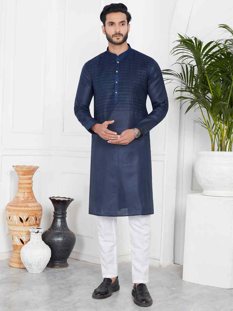 Blue Linen Cotton Printed Festival Casual Kurta