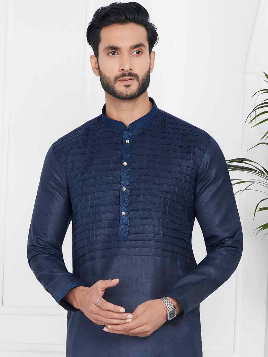 Blue Linen Cotton Printed Festival Casual Kurta