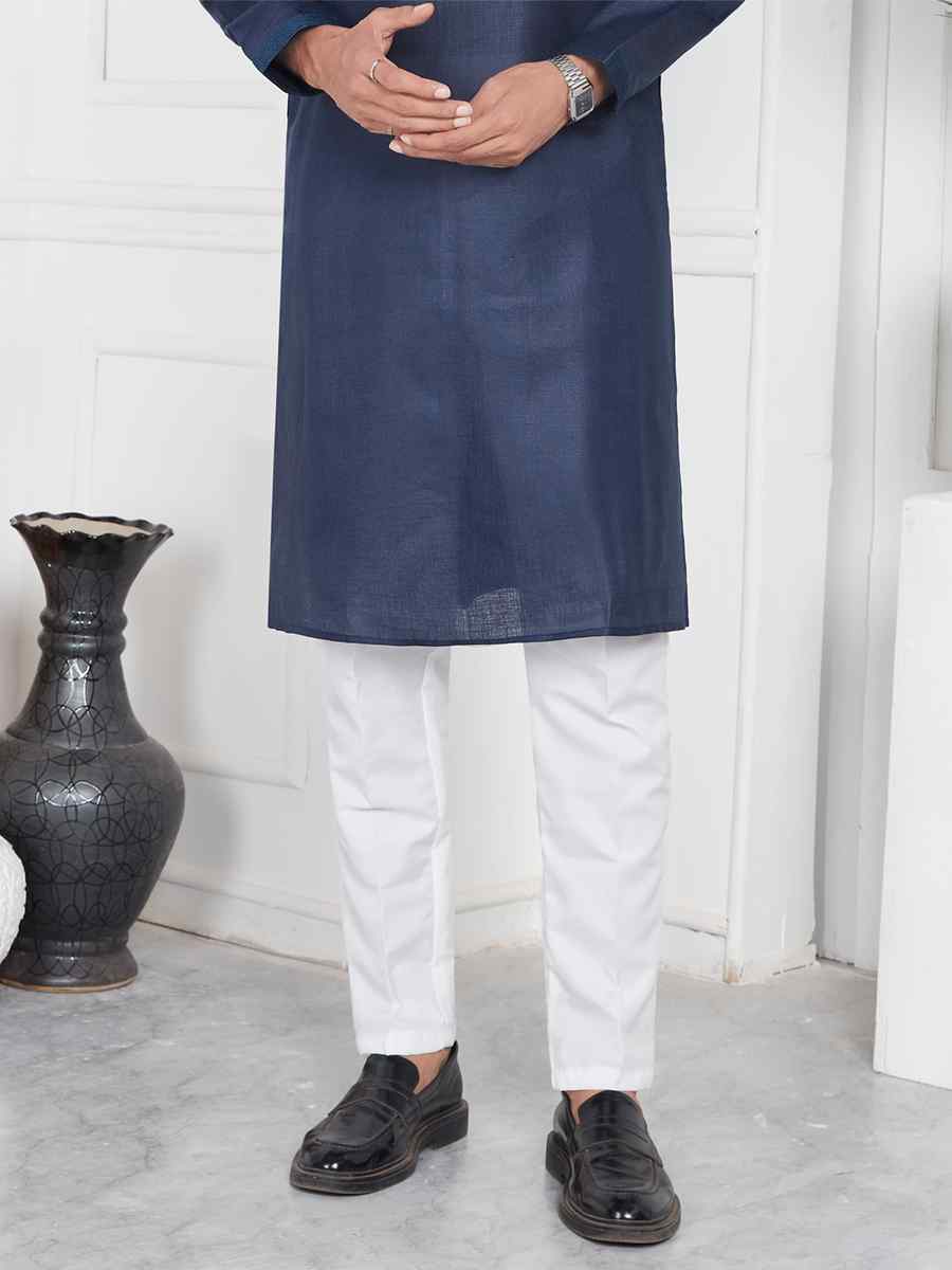 Blue Linen Cotton Printed Festival Casual Kurta