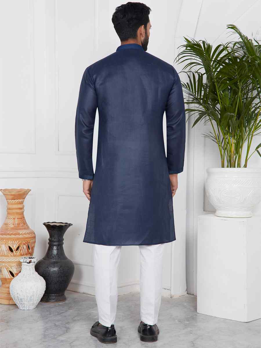 Blue Linen Cotton Printed Festival Casual Kurta