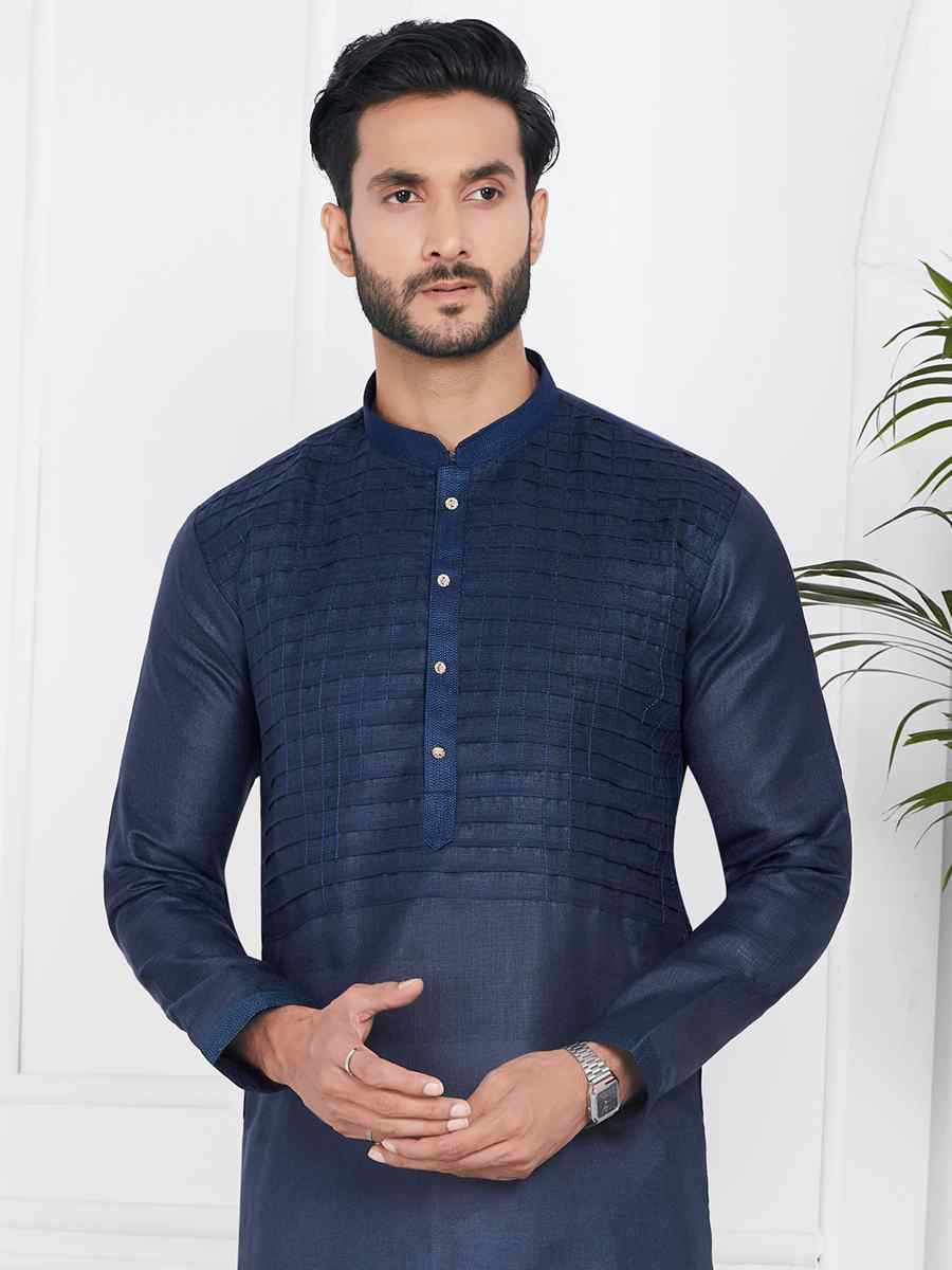 Blue Linen Cotton Printed Festival Casual Kurta