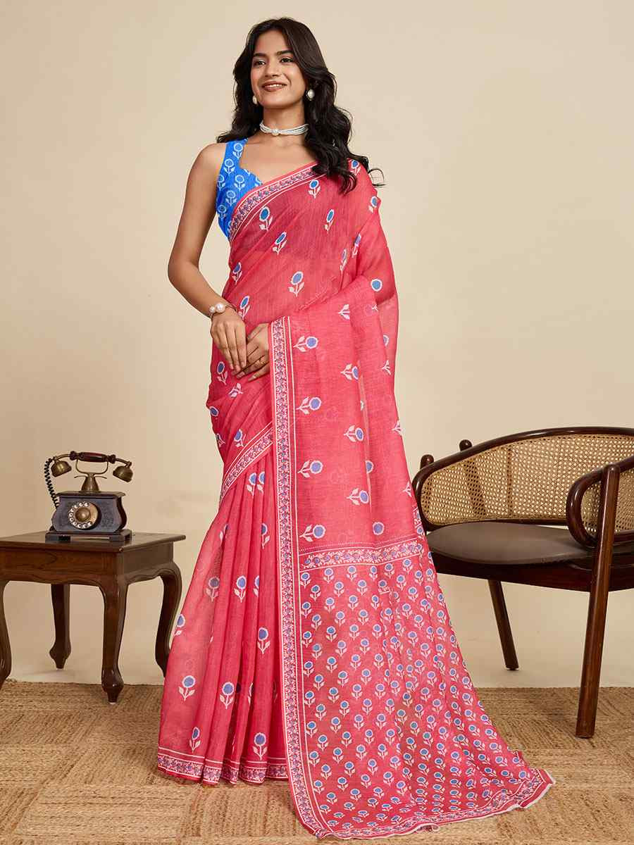 Blue Linen Cotton Printed Handwoven Traditional Casual Festival Fancy Classic Style Sarees