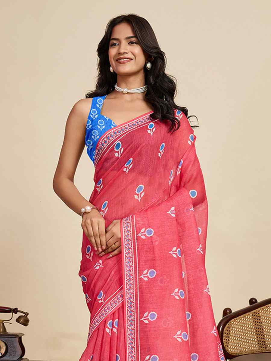 Blue Linen Cotton Printed Handwoven Traditional Casual Festival Fancy Classic Style Sarees