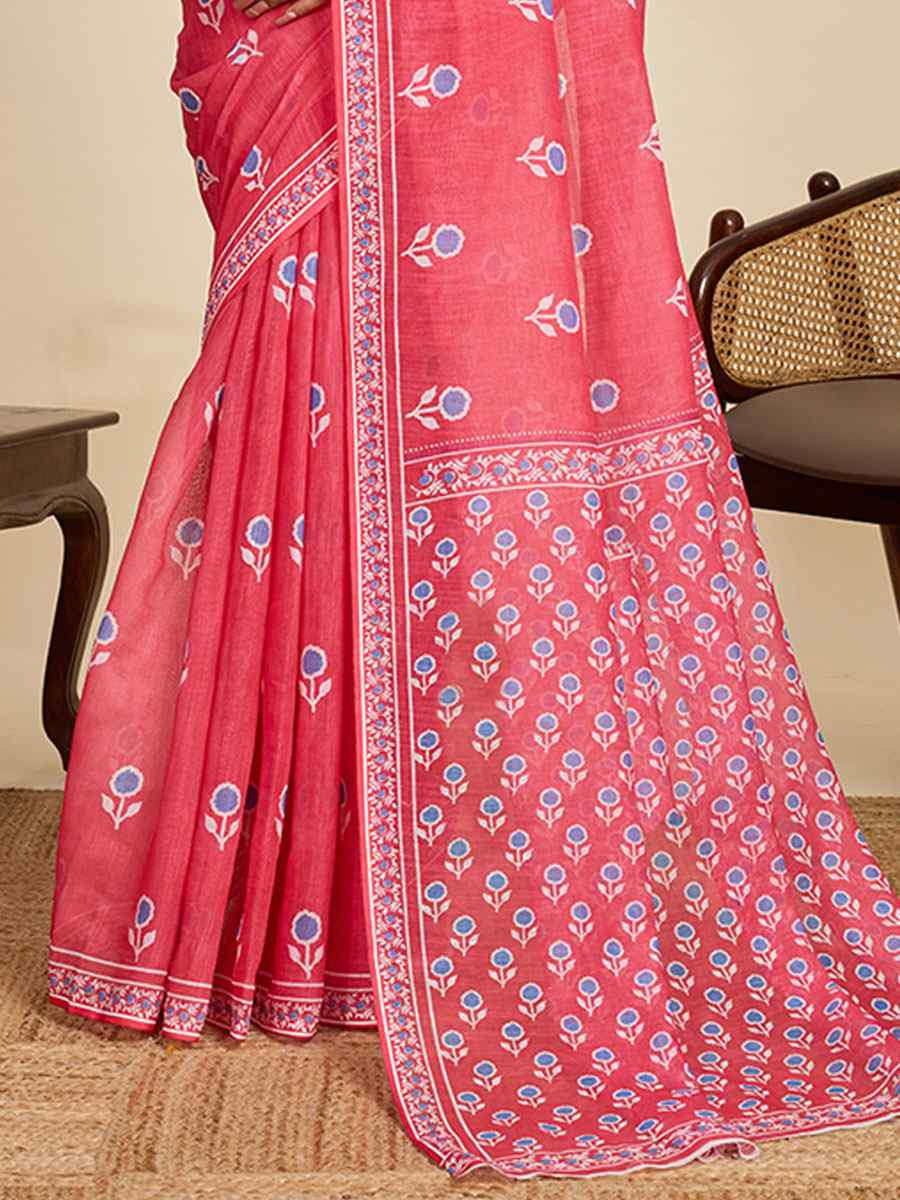 Blue Linen Cotton Printed Handwoven Traditional Casual Festival Fancy Classic Style Sarees