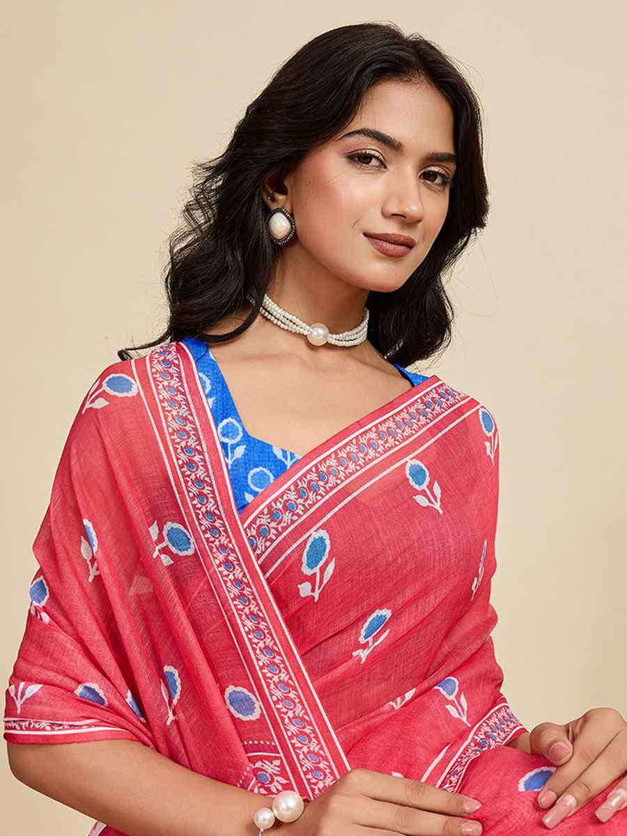 Blue Linen Cotton Printed Handwoven Traditional Casual Festival Fancy Classic Style Sarees