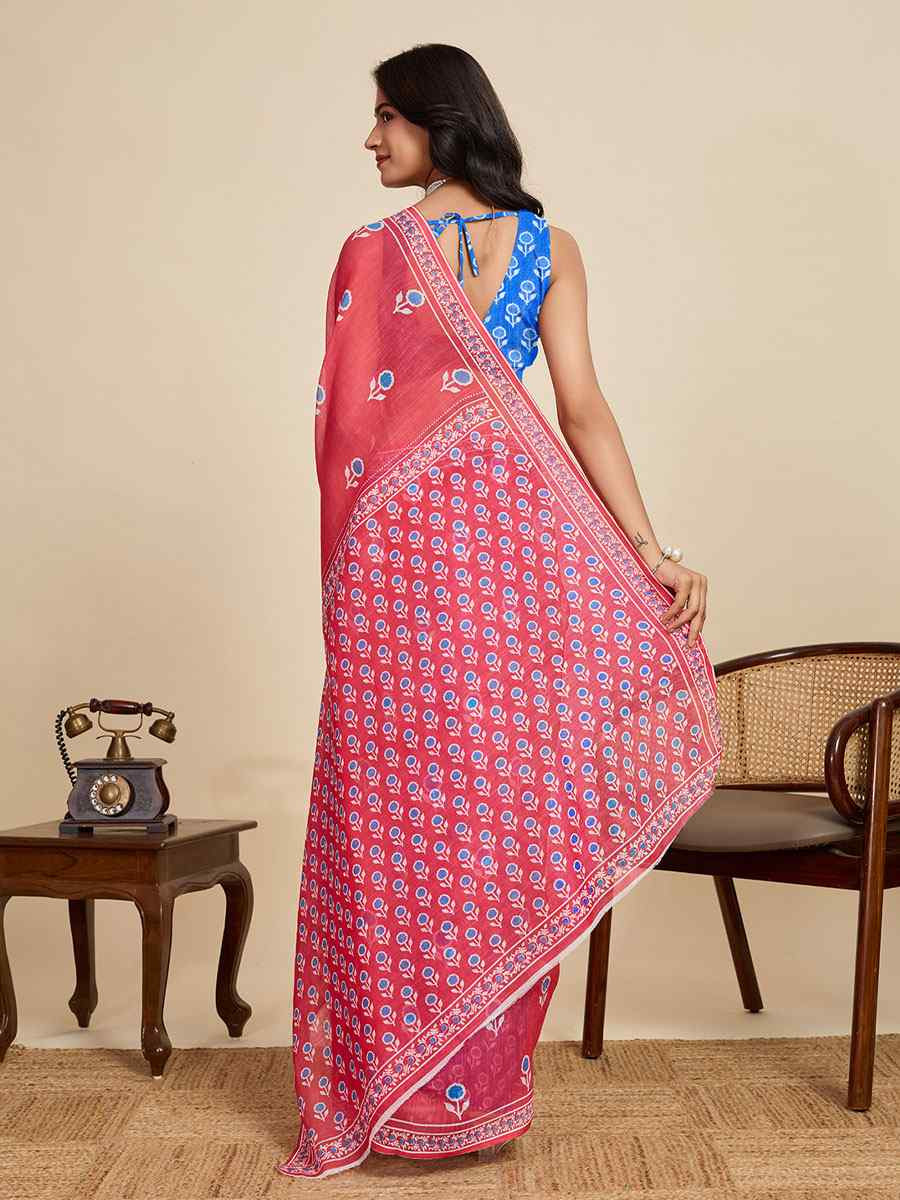 Blue Linen Cotton Printed Handwoven Traditional Casual Festival Fancy Classic Style Sarees