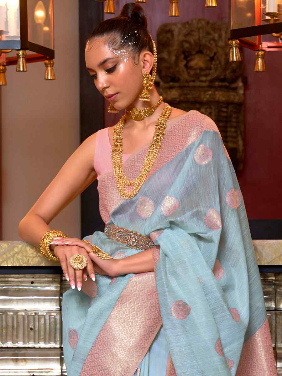 Blue Linen Handwoven Party Festival Heavy Border Saree