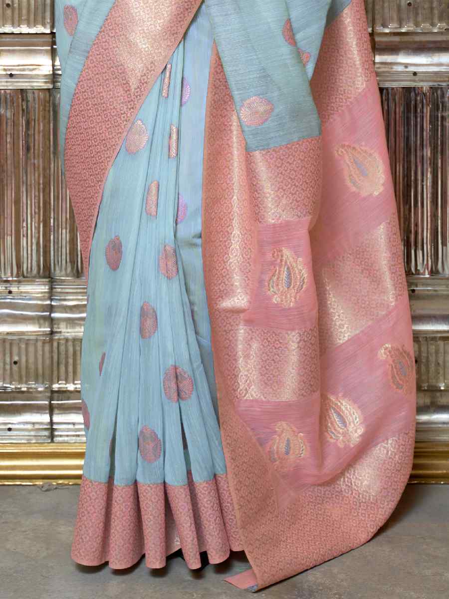 Blue Linen Handwoven Party Festival Heavy Border Saree
