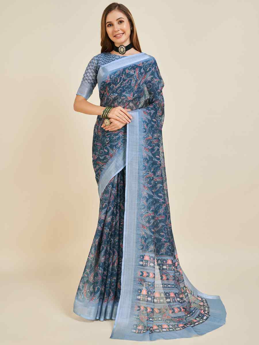 Blue Linen Printed Casual Festival Contemporary Saree