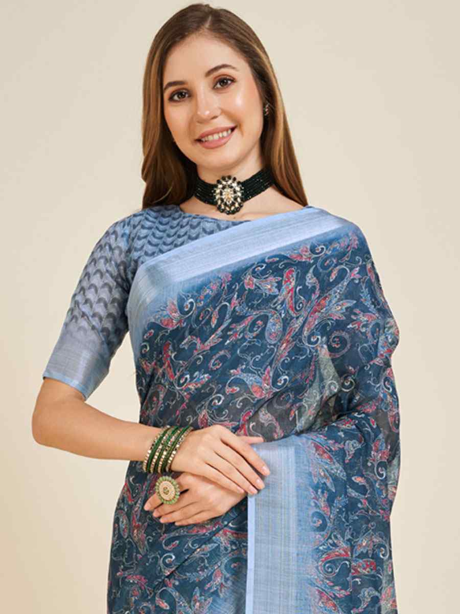 Blue Linen Printed Casual Festival Contemporary Saree