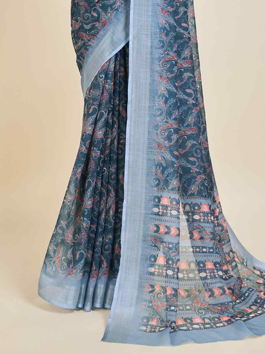 Blue Linen Printed Casual Festival Contemporary Saree