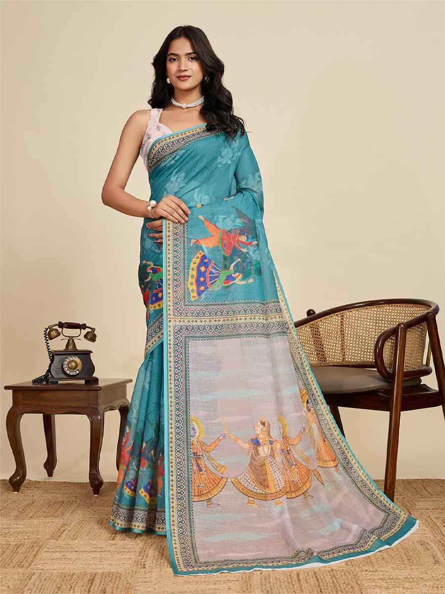 Blue Linen Printed Traditional Casual Fancy Classic Style Sarees