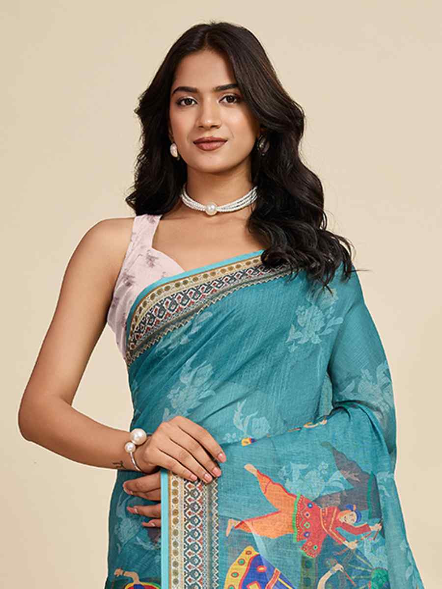 Blue Linen Printed Traditional Casual Fancy Classic Style Sarees
