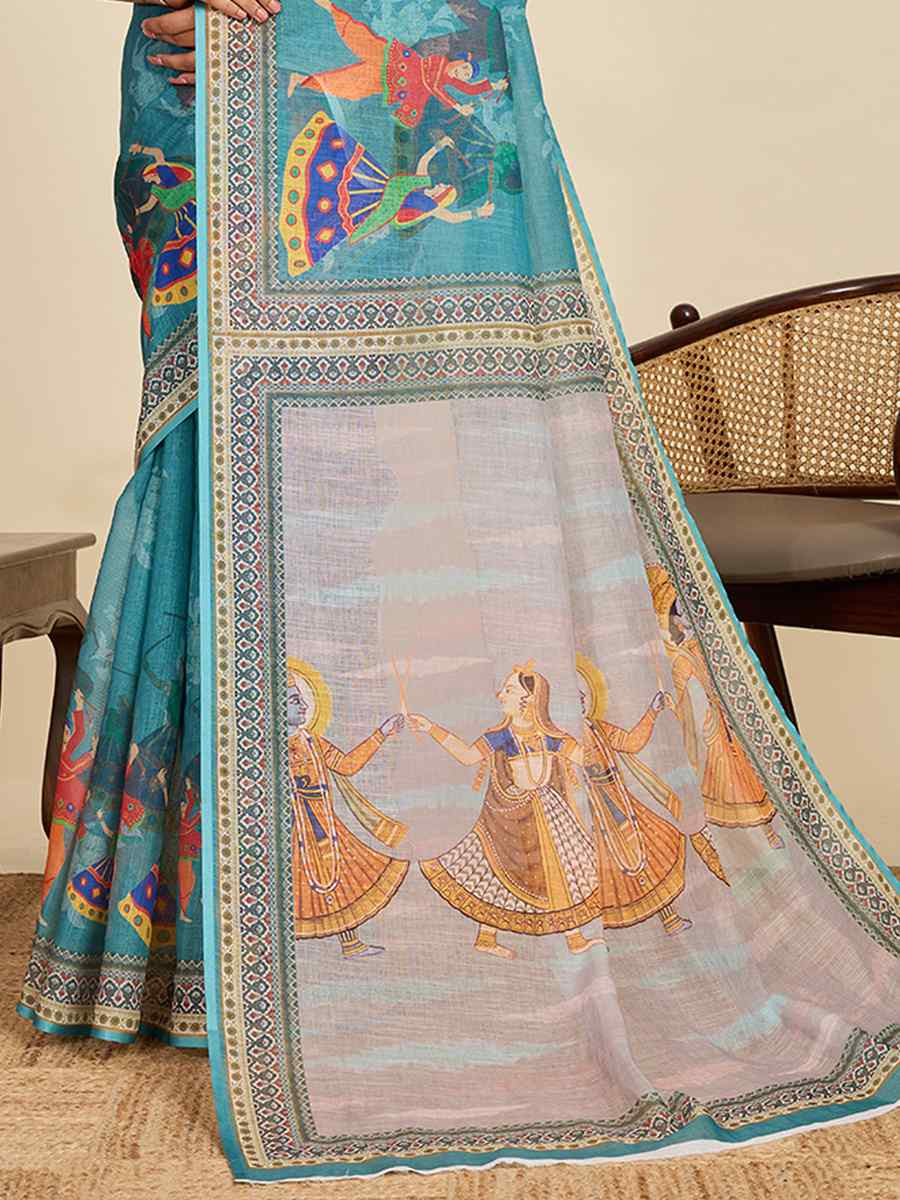 Blue Linen Printed Traditional Casual Fancy Classic Style Sarees
