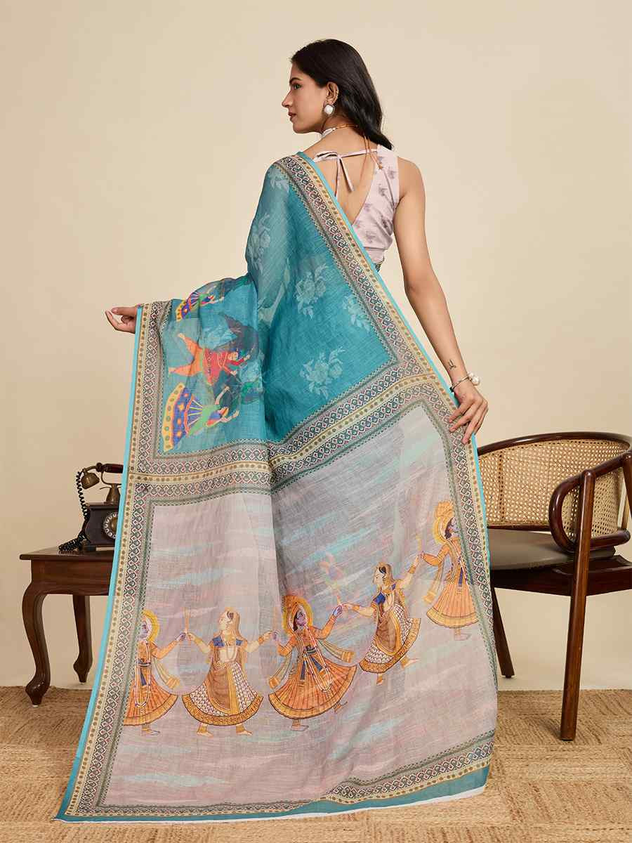 Blue Linen Printed Traditional Casual Fancy Classic Style Sarees