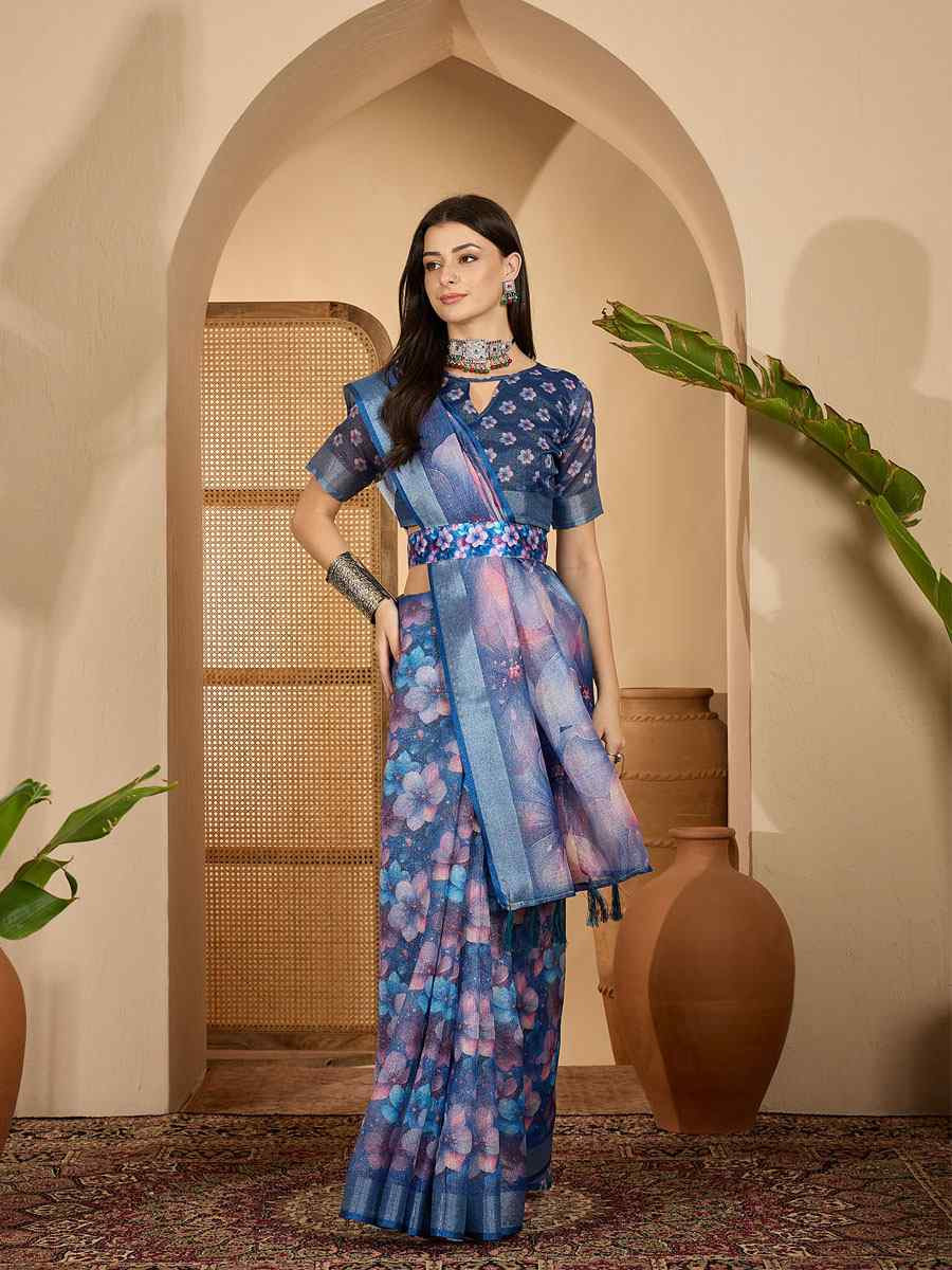 Blue Linen Silver Zari Printed Casual Reception Festival Wedding Fancy Classic Style Sarees