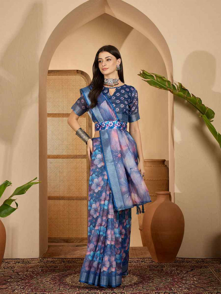 Image of Blue Linen Silver Zari Printed Casual Reception Festival Wedding Fancy Classic Style Sarees