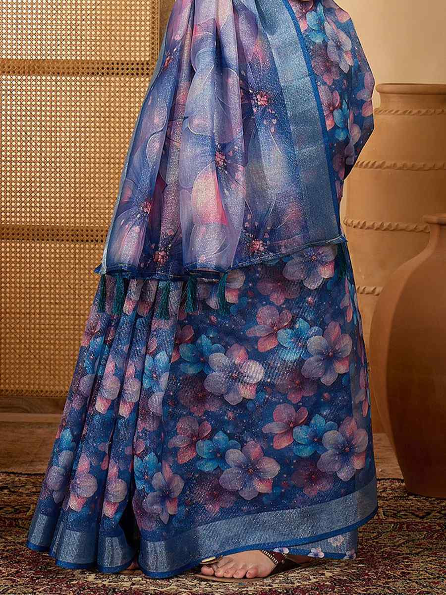 Blue Linen Silver Zari Printed Casual Reception Festival Wedding Fancy Classic Style Sarees