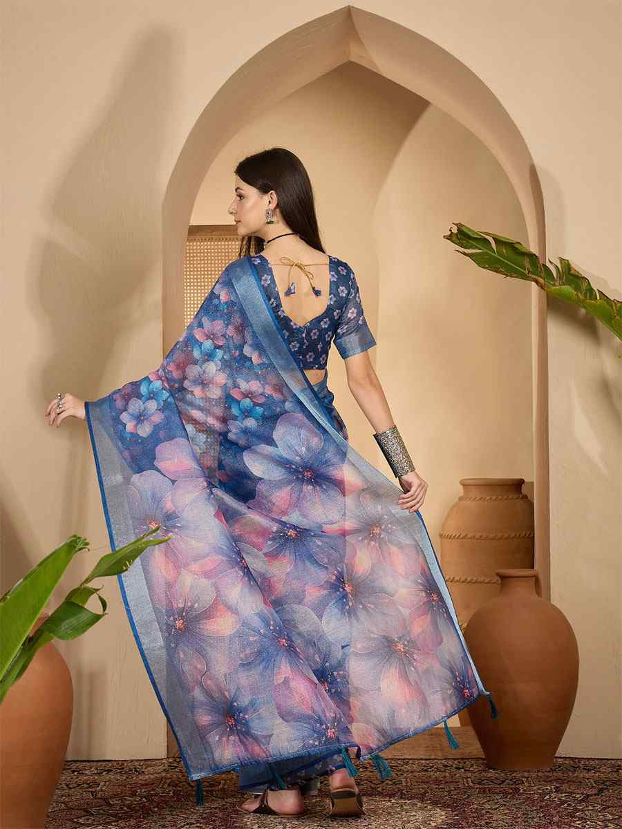 Blue Linen Silver Zari Printed Casual Reception Festival Wedding Fancy Classic Style Sarees