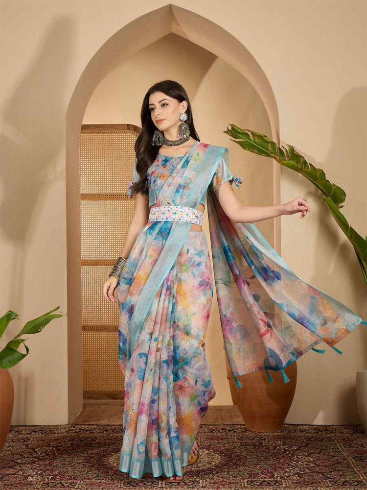 Image of Blue Linen Silver Zari Printed Casual Reception Festival Wedding Fancy Classic Style Sarees