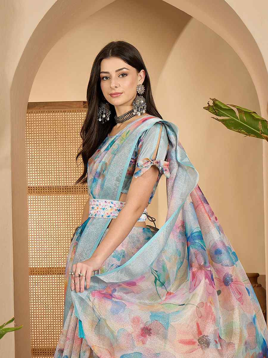 Blue Linen Silver Zari Printed Casual Reception Festival Wedding Fancy Classic Style Sarees