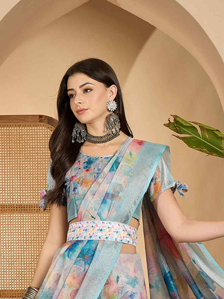 Blue Linen Silver Zari Printed Casual Reception Festival Wedding Fancy Classic Style Sarees
