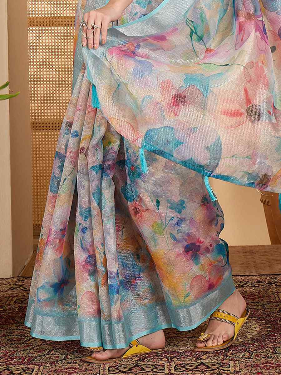 Blue Linen Silver Zari Printed Casual Reception Festival Wedding Fancy Classic Style Sarees