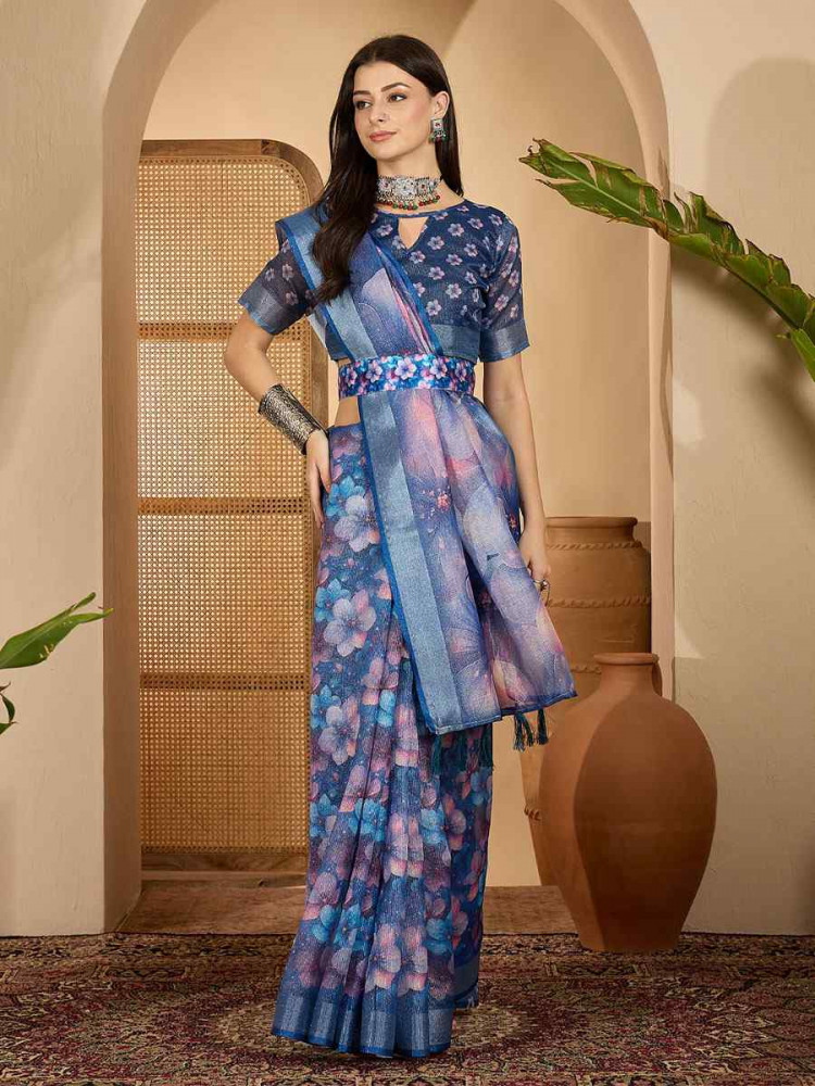 Image of Blue Linen Zari Silver Printed Casual Reception Festival Wedding Fancy Classic Style Sarees