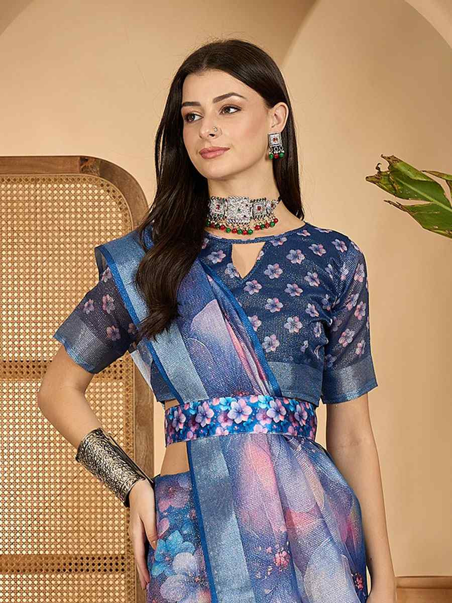 Blue Linen Zari Silver Printed Casual Reception Festival Wedding Fancy Classic Style Sarees