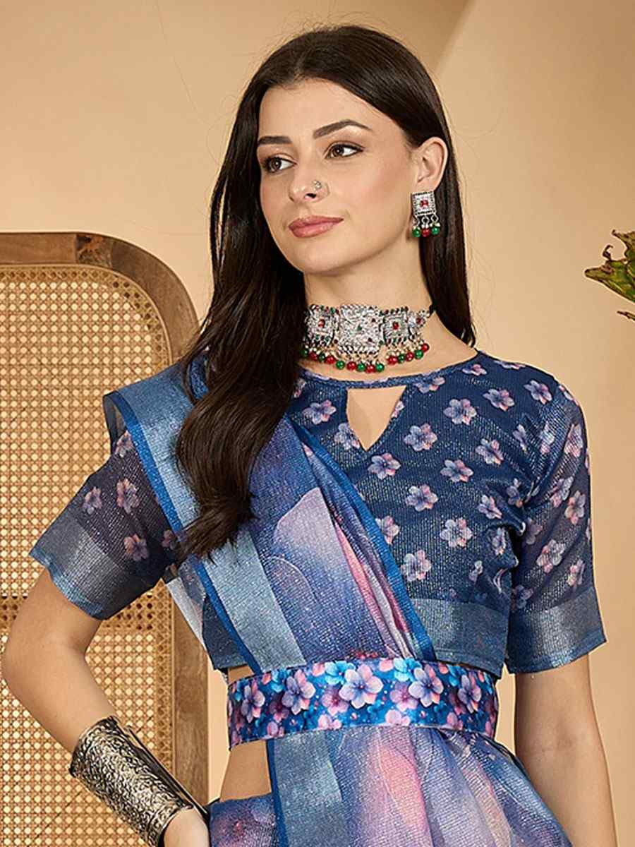 Blue Linen Zari Silver Printed Casual Reception Festival Wedding Fancy Classic Style Sarees