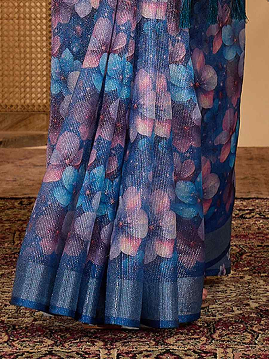 Blue Linen Zari Silver Printed Casual Reception Festival Wedding Fancy Classic Style Sarees